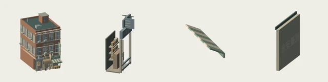 Rotating variants of buildings, storefronts, awnings and facade panels.