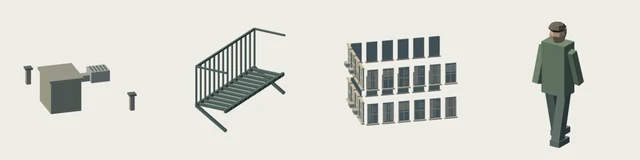 Rotating variants of rooftop equipment, fire escapes, windows and people.