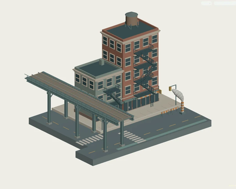 Early sparse NYC corner with elevated railway and two brick buildings.