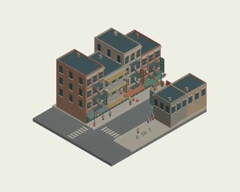 First Chinatown scene with sparse signs, repeated storefronts and mostly empty road space.