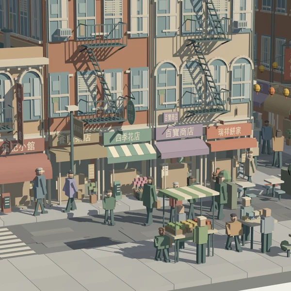 Close-up variations of Chinatown shops, awnings, signs, windows, air conditioners and pavement activity.