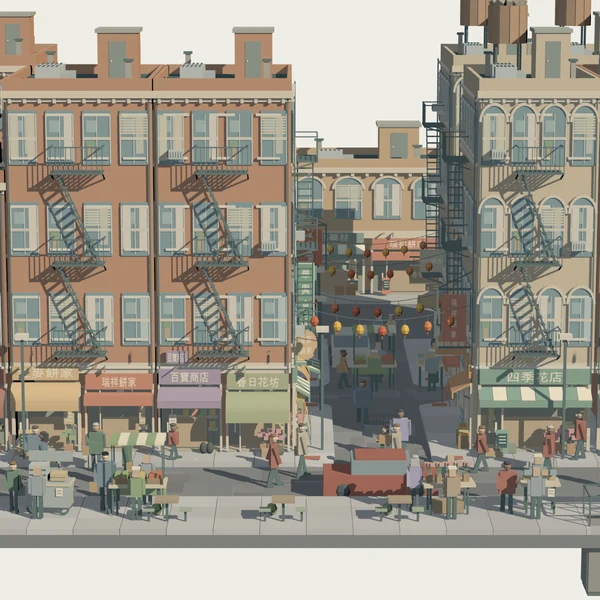 A frontal street view with changing building heights, side streets, lanterns and storefronts.