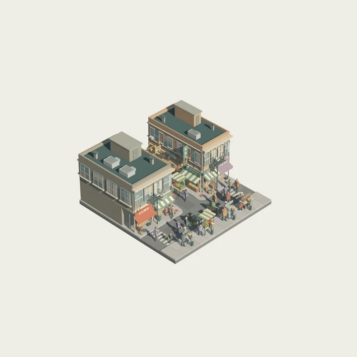 A small Chinatown corner grows into a longer street and a dense block, with changing roads, buildings and shops.